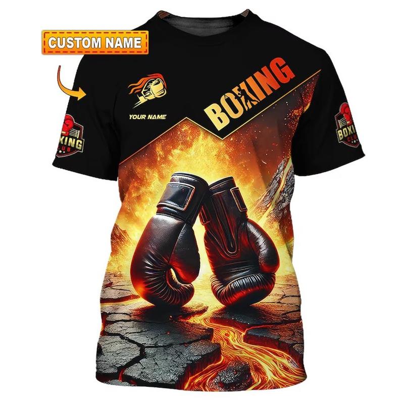 Футболка с принтом боксерских перчаток Мужская одежда DIY Персональное имя Круглый вырез Футболки Харадзюку Пламя Крутой Уличная одежда 2025 Новинка Топ