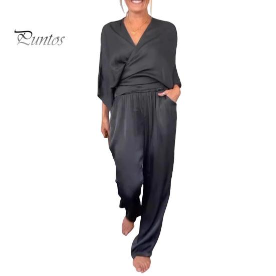 Женский комплект из 2 предметов: топ, брюки, V-образный вырез, длинные рукава, блузка с перекрещивающимися бретелями, высокая талия, плиссированные широкие брюки, формальный наряд для поездок на работу на весну и лето