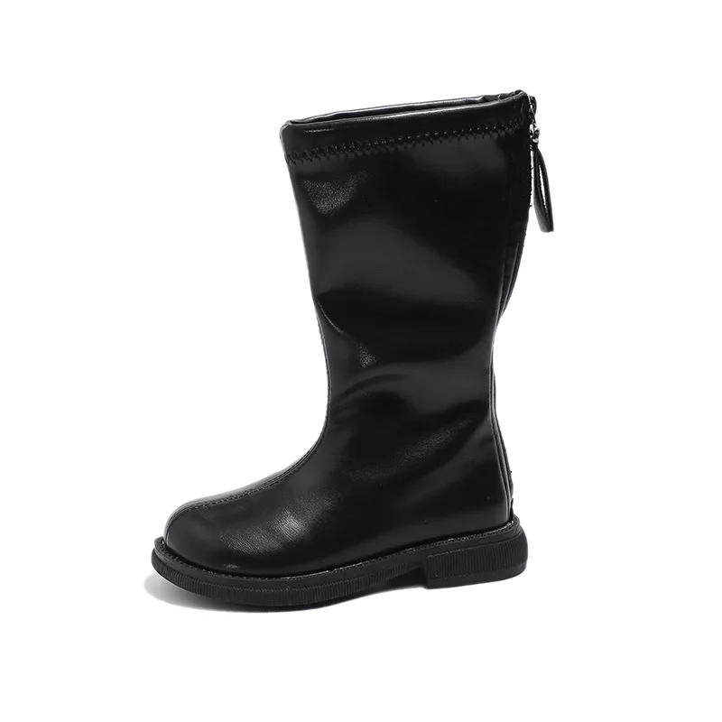 2024 Детские высокие сапоги для девочек, зимние новые модные британские ботинки с мягкой подошвой, нескользящие, универсальные, сохраняющие тепло кожаные туфли