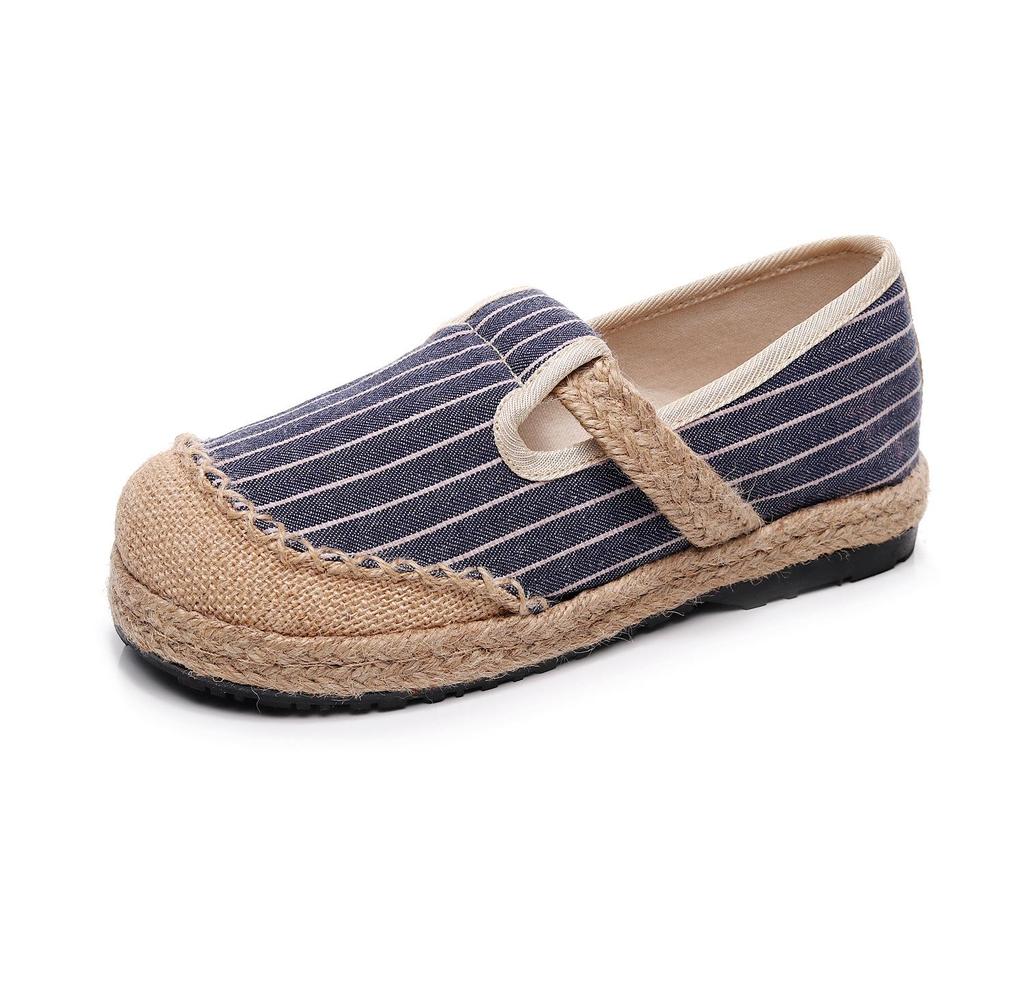 2025 Women’s Trendy Slip-On Shoes: Spring & Fall Vertical Stripe Cotton-Linen, College Style, Round Toe Hemp Design