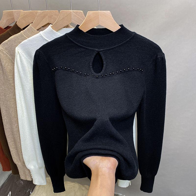 Свободный свитер с полувысоким воротником для женской осени и зимы с дизайном из бисера и вырезами, вязаный топ и пуловер