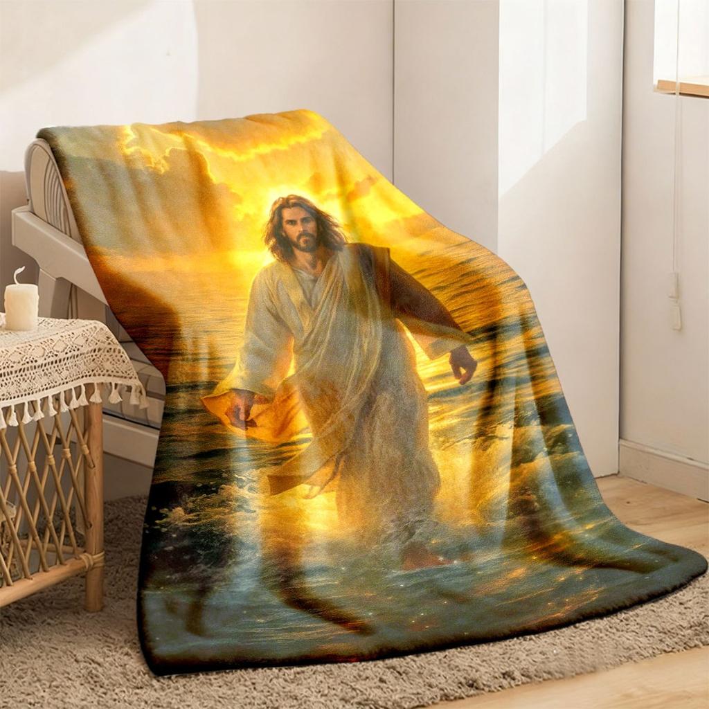 2026 New Arrivals Jesus Walking on Water Digital Print Flannel Blanket Contemporary Religious Art Throw for Sofa Travel & Nap Soft