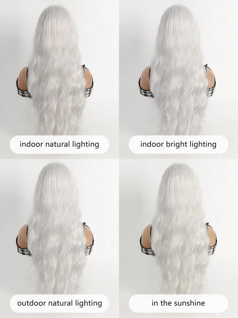 White Long Wig for Women 28 Inch Curly Wig Wavy Bangs Wig for Cosplay Party Halloween Christmas Daily Use