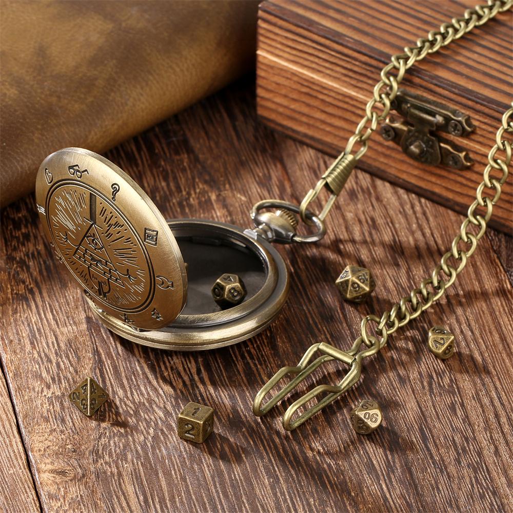 Vintage Bronze/Grey Black Pocket Watch Case with Mini Entertainment Dices Pocket Chain Birthday Gifts