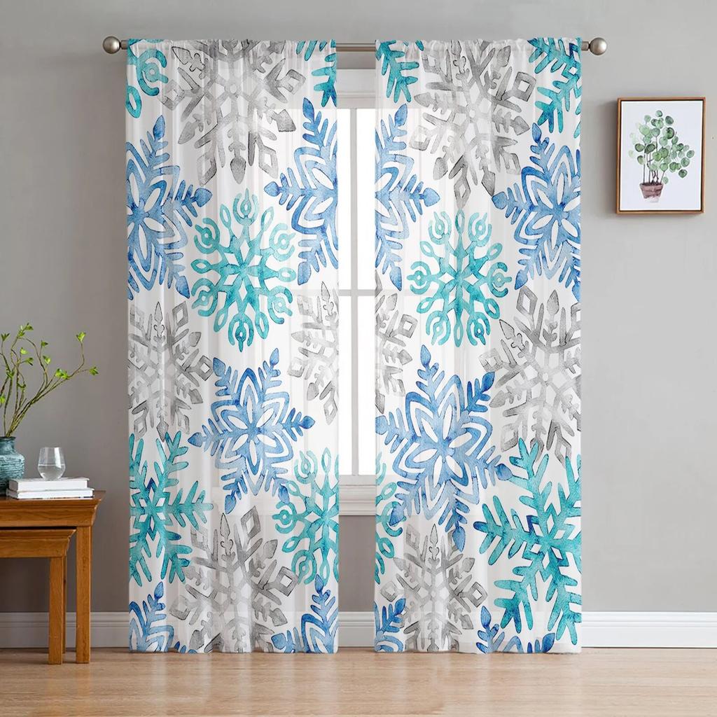 Christmas Blue Green Snowflakes Bedroom Transparent Sheer Curtains Holiday Decoration Window Voile Tulle Curtain