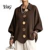 Long Sleeve Sweater Women Oversized Knit Cardigan Sweater, Collared Top with Large Metal Casual Buttons, Loose Lantern for Spring Autumn
