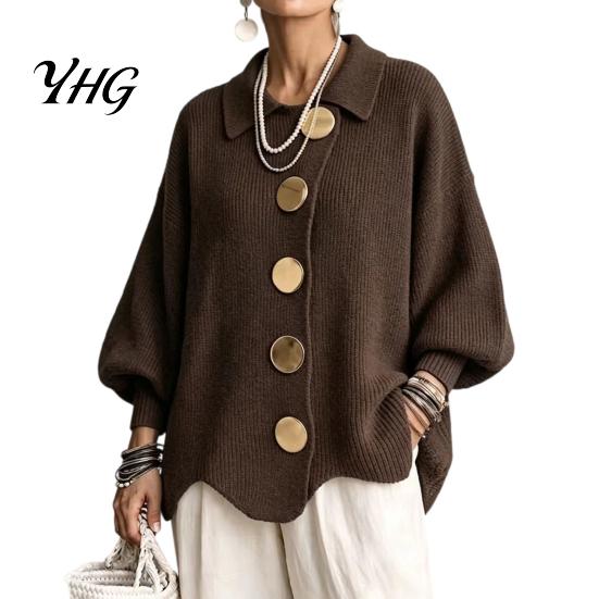 Long Sleeve Sweater Women Oversized Knit Cardigan Sweater, Collared Top with Large Metal Casual Buttons, Loose Lantern for Spring Autumn