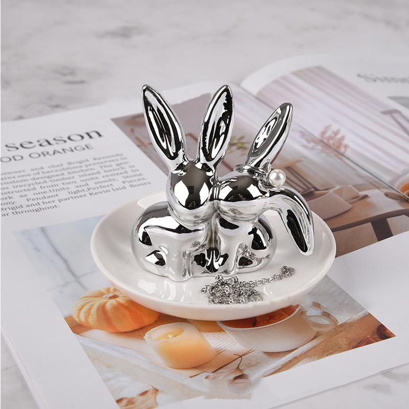 1PC Ceramic Ornament Home Decor Ceramic Landscape Accessories Rabbit Gold Double Eared Rabbit Valentine'S Day Multicolour