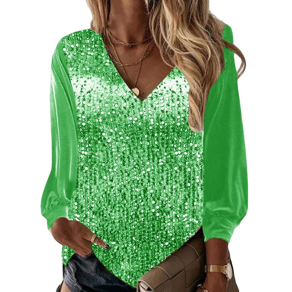 Lady Top V-neck Dressing Up Breathable Stylish Women Sequins Spring Tee Shirt Daily Clothing