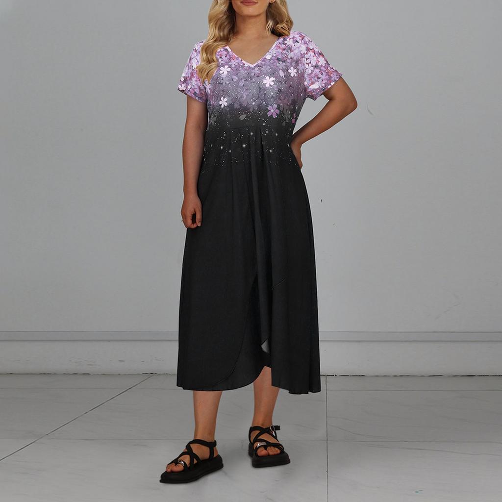 Женское повседневное большое длинное платье с v-образным вырезом и молнией с короткими рукавами и вставками с принтом