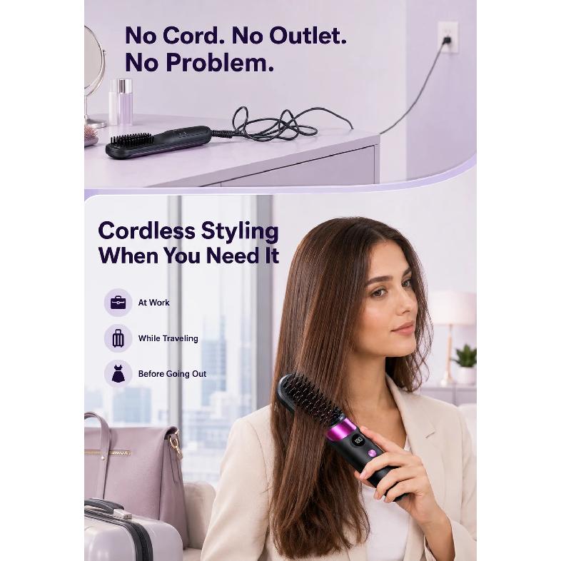 Electric Hair Straightening Brush Hot Comb Hair Straightener USB Rechargeable Wireless Portable Hair Straightener