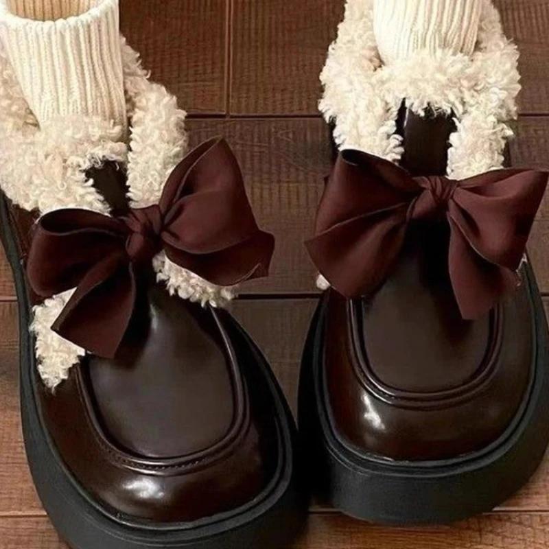 Модные Новые Туфли на Платформе Женские Теплые с Бантом Винтажные Kawaii Туфли Плюшевые Ботильоны для Женщин Женские Повседневные Удобные Ботинки