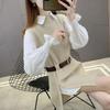 Women Fall Vintage Fat MM Long Sleeve White Pullover Blouse Knit Vest Two Pieces Set