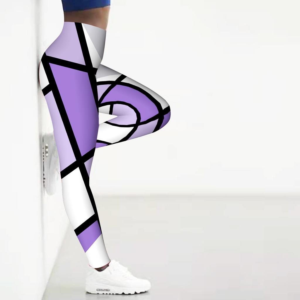 Женские фиолетовые квадратные принты эластичные леггинсы для йоги фитнеса бега спортзала спорта активных штанов