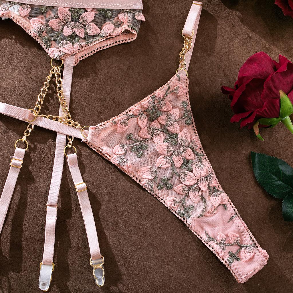 Sexy Lingerie Flower See-through Sexy Three-Piece Suit