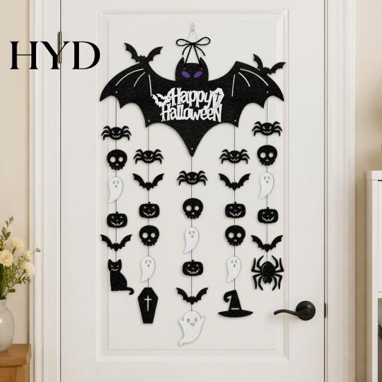 Holiday Theme Decorations Happy Halloween Bat Hanging Door Sign, Spooky Skull Spider Paper Black Cutouts Ornament, Large Wall Hanger for Party
