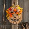 Artificial Autumn Flowers for Wall Wooden Pumpkin Halloween Door Sign with LED Lights Floral Hanging Warm Fall Lighted Wreaths Ornament Window