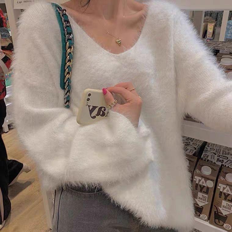 Korean Style Faux Mink V-Neck Pullover Sweater for Women - Autumn/Winter Versatile Loose Fit