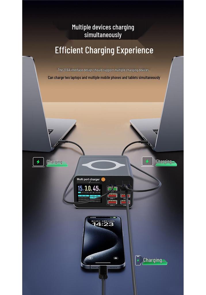 Многопортовое зарядное устройство 80 Вт: 6A2C Цифровой дисплей Беспроводная настольная станция быстрой зарядки для телефонов и ноутбуков.