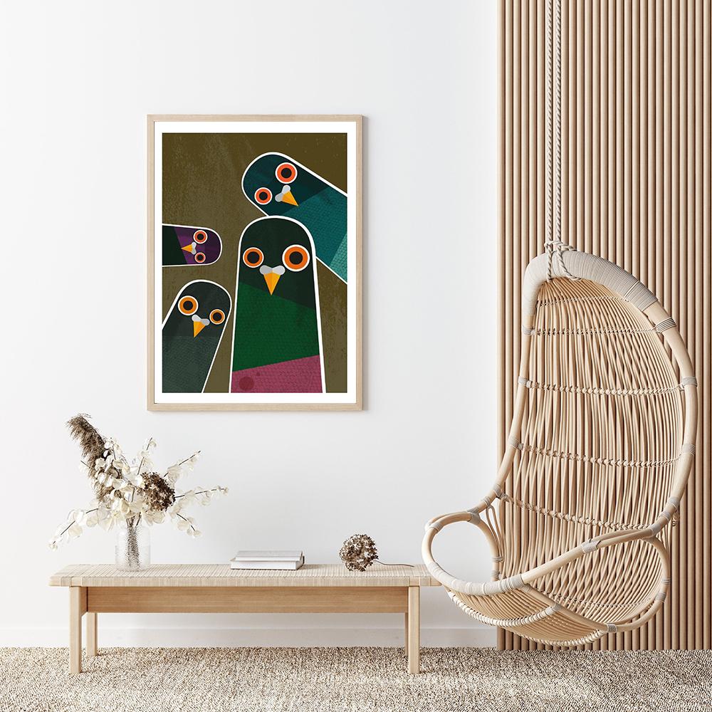 Nosy Pigeons Art Print Retro Mid Century Illustration Canvas Painting Abstract Bird Poster For Living Room Home Decoration