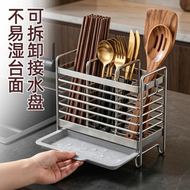 Stainless Steel Kitchen Organizer Wall Mounted Or Countertop Rack With Drainage Chopsticks Spoons Utensils