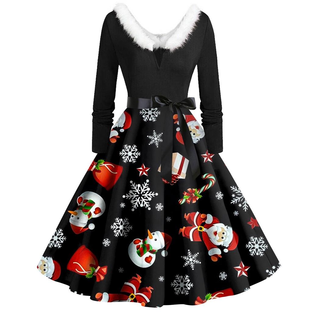 Женское винтажное платье с длинным рукавом и рождественским принтом в стиле 1950-х годов для вечеринки, выпускного вечера, для домохозяйки
