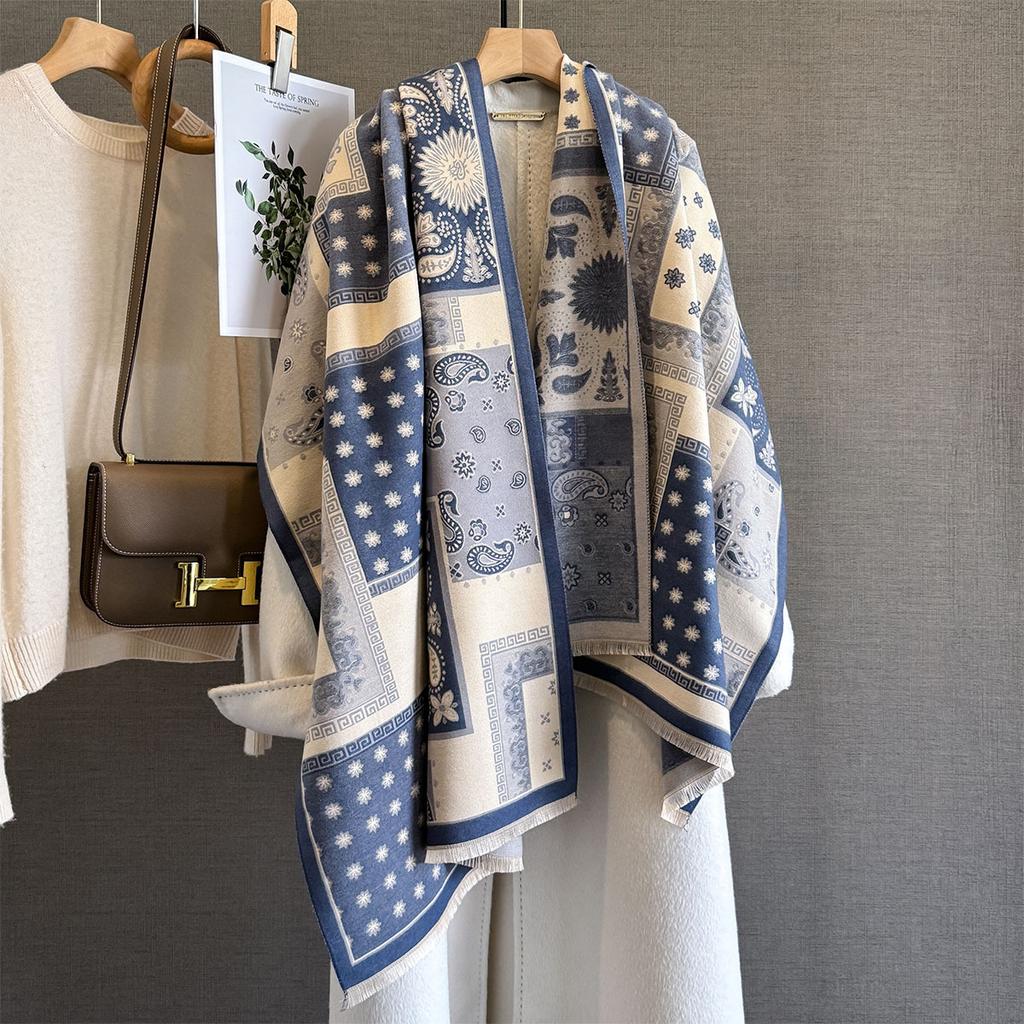 Winter Warmer Scarf For Women Elegant Thickened Tassel Pashmina Shawl Floral Faux Cashmere Warps Autumn Blanket For Daily Wear