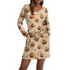 Women's Fashionable V-neck Long Sleeved Drawstring With Pocket Halloween Printed Casual Dress