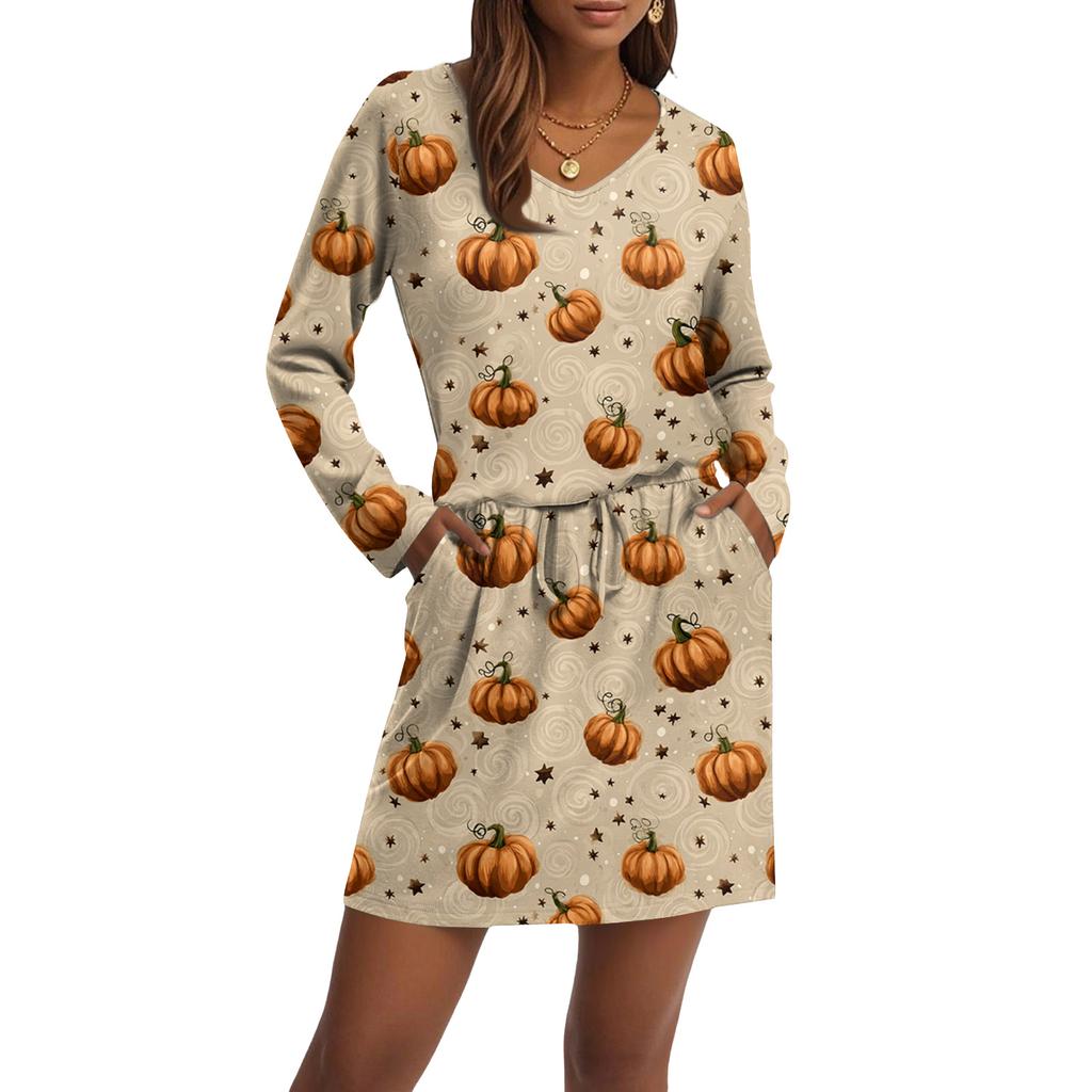 Women's Fashionable V-neck Long Sleeved Drawstring With Pocket Halloween Printed Casual Dress