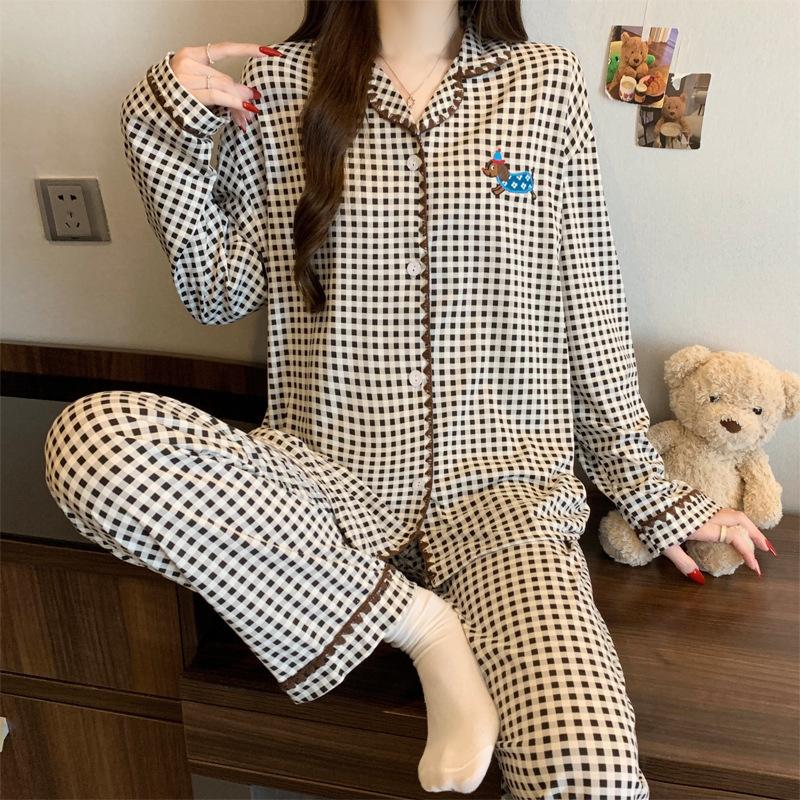 Simple puppy sweet spring ins striped shell hemming imitation cotton pajamas casual long-sleeved set