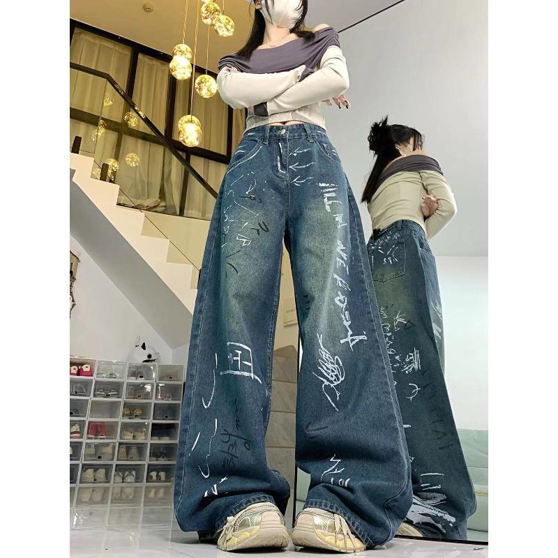 Граффити с принтом джинсы свободные прямые широкие брюки в уличном стиле женские длинные винтажные американские брюки Y2k с высокой талией
