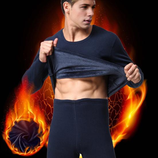 2Pcs/Set Men Warm Suit O-Neck Long Sleeve Tops Elastic Waist Long Pants Set Solid Color Plush Lining Pajamas Set