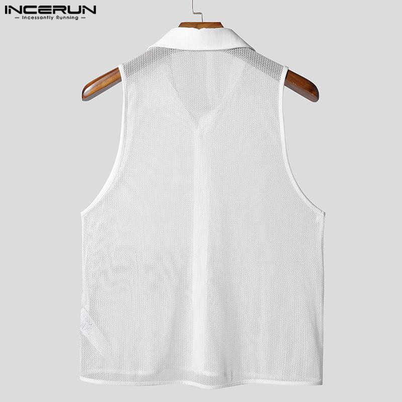 INCERUN Summer Men Lapel Sleeveless Mesh See Through Party Cropped Tank Tops