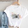 Watercolor Camera Flowers Print T-Shirt Women Clothes 2025 Summer Stylish Tshirt Femme Pink Rose T Shirt Female Streetwear