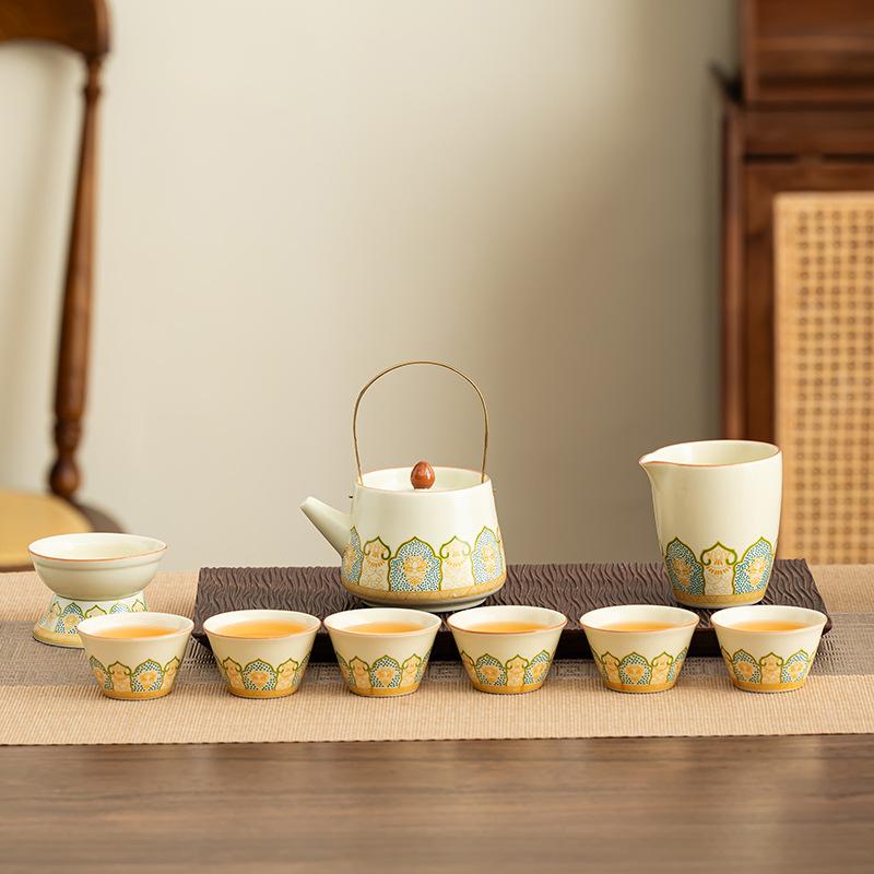 Ru Kiln Ancient Rhyme Kung Fu Tea Set Household Light Luxury High-end Ceramic Cover Bowl Teapot Teacup Complete Set High-end Gift Box