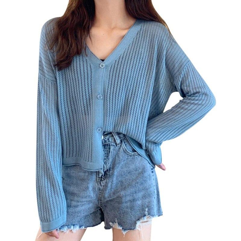 Женская футболка Футболки Liva Girl с v-образным вырезом Hollow All-Match Однобортный солнцезащитный кардиган Футболка Топы Vetements Femmes