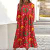 Women's Casual Round Neck Christmas Print Midi Dress Long Sleeve Pocket Dress