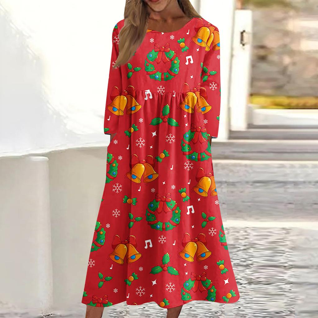 Women's Casual Round Neck Christmas Print Midi Dress Long Sleeve Pocket Dress