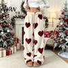 Comfy Autumn Pajama Bottoms Women Fuzzy Sleeping Pants, Heart Print Wide Leg with Elastic Lounge Trousers Waist Drawstring, Thickened Warm Pants