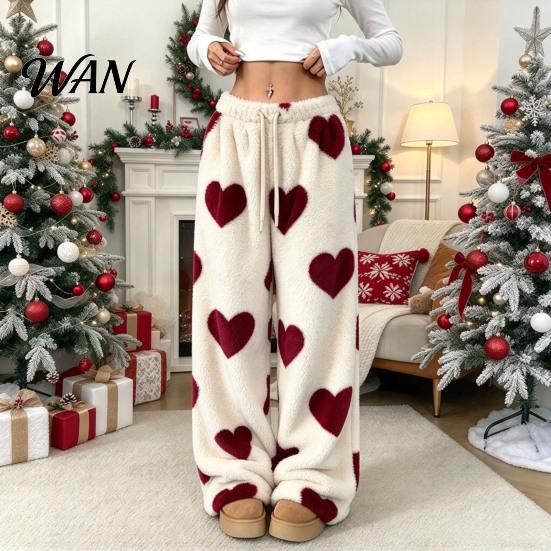 Comfy Autumn Pajama Bottoms Women Fuzzy Sleeping Pants, Heart Print Wide Leg with Elastic Lounge Trousers Waist Drawstring, Thickened Warm Pants