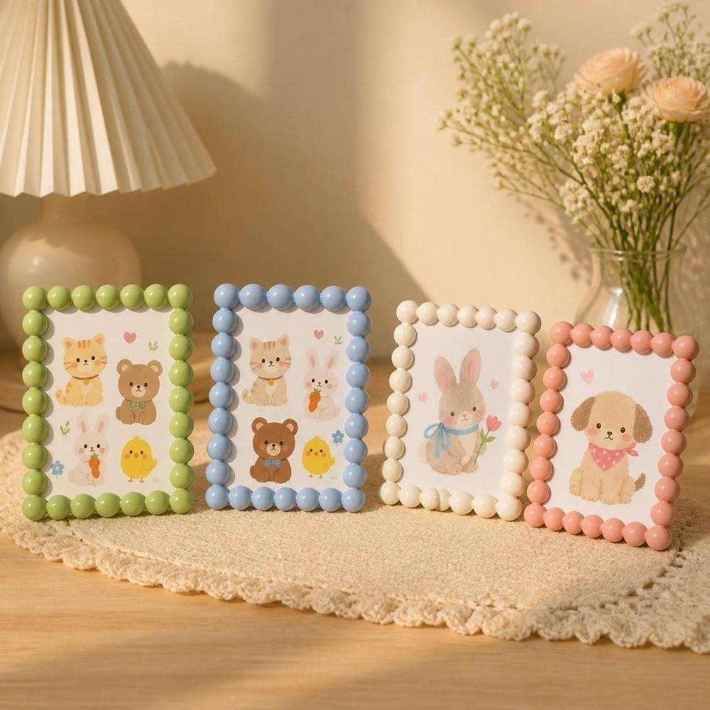 Macaron Colors Picture Frame Round Bead Plastic Photo Frame Stand Home Office Bedroom