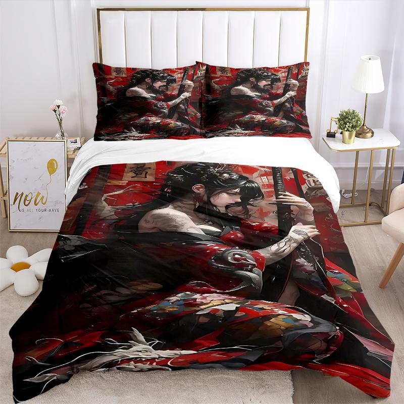 3pcs Anime Samurai Theme Comforter Set with One Quilt Cover and Two Pillowcases (No Core), Perfect for Bedroom and Guest Room Decoration, Festive Gift