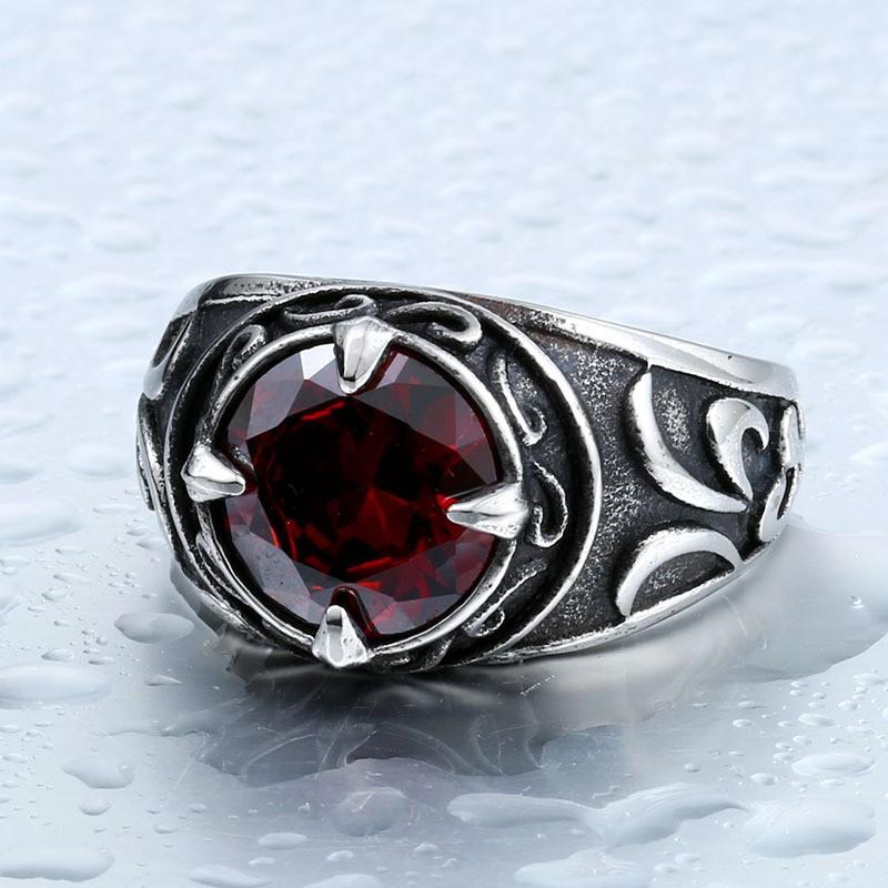 Beier Vintage Stainless Steel Ring With Sapphire Inlay Mens Decorative Crown Band Retro Finger Jewelry