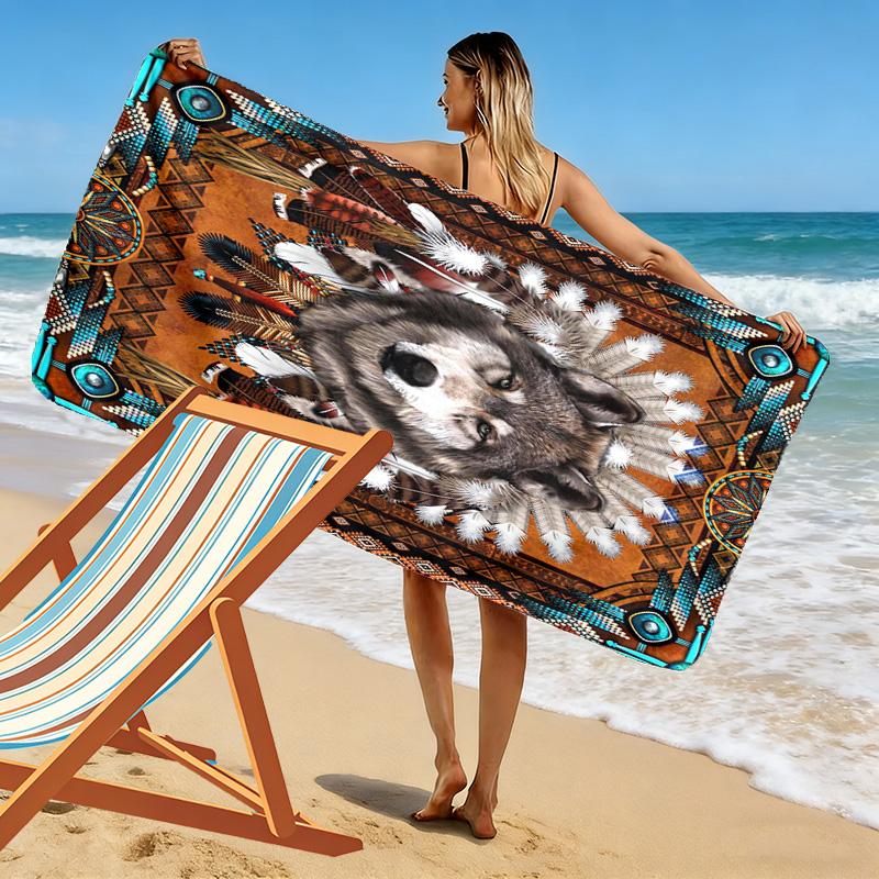 Indian Wolf Print Beach Towel, Large Soft Quick Dry Towel for Beach Camping Swimming