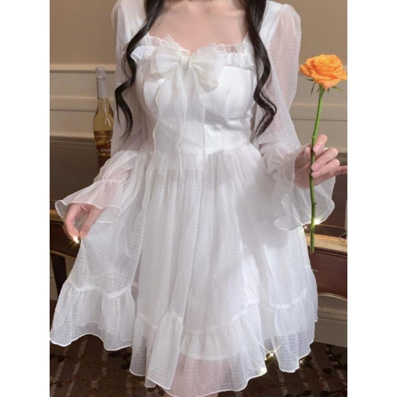 Белое кавайное платье, женское шифоновое мини-платье в стиле Лолиты с длинным рукавом, сказочный халат с бантом и оборками, лоскутное платье с квадратным воротником