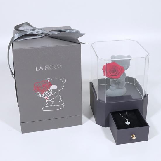 Flocking Bear Figurines with Preserved Rose Eternal Rose with Gift Box Romantic Gift for Girlfriend Wife Valentine's Day Anniversary Gift