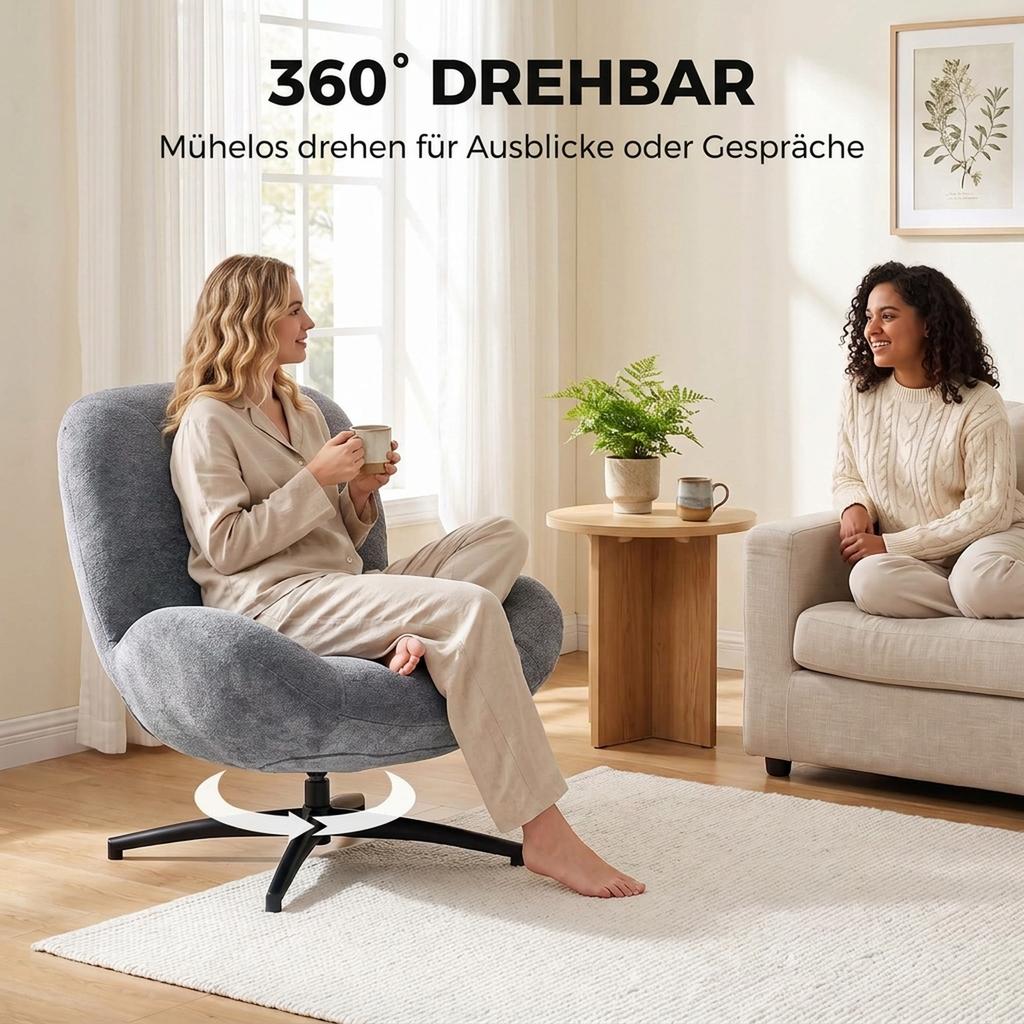 Armchair Living Room Swivel Lounge Chair with Wide Seat, Integrated Armrest, Chenille Look, Dark Grey