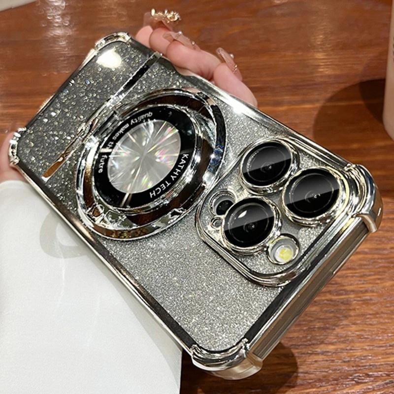 For iPhone 15 Pro Max Luxury Plating Magsafe Magnetic Stand Flash Phone Case For iPhone 11 12 13 14 15 Pro Lens Protective Cover