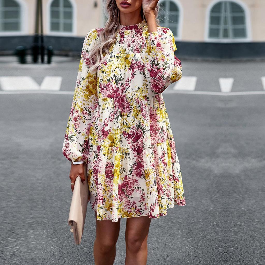 Women's O Neck Long Sleeve Loose All Match Casual Printed Floral Short Dress