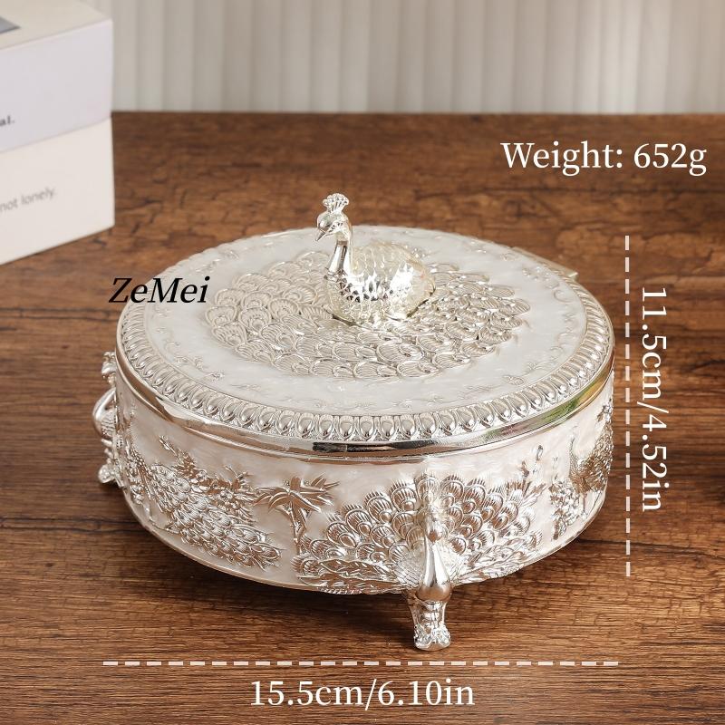 European-Style Alloy Jewelry Peacock Silver Storage Box,Earring Circle Organizer Jar Candy Container Dressing Table Decoration